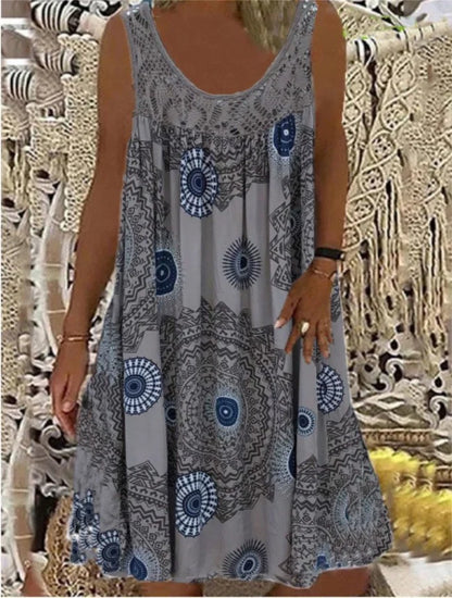 Women Summer O-Neck Sleeveless Print Dress