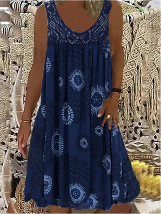 Women Summer O-Neck Sleeveless Print Dress