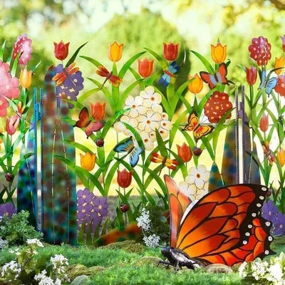 Colorful Metal 3-Panel Butterfly and Flower Garden Screen