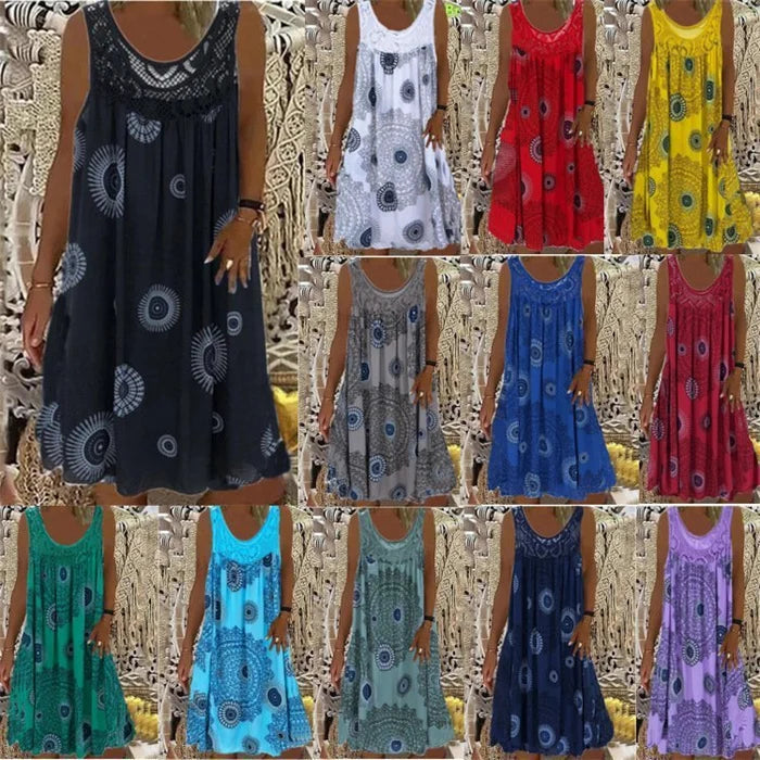 Women Summer O-Neck Sleeveless Print Dress